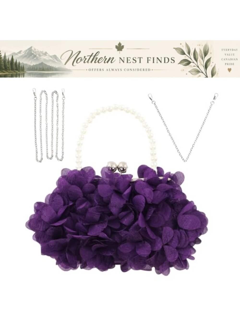 Floral Applique Pleated Fabric Clutch Evening Bag with 2 Chains